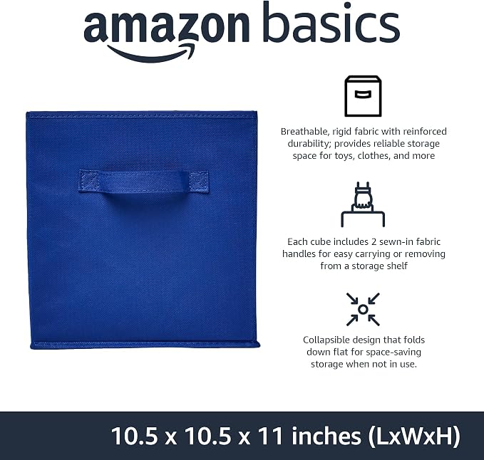 Amazon Basics Collapsible Fabric Storage Bins with Handles, Cube Organizer for Home Organization, 10.5"x10.5"x11", Navy, 6 Count (Pack of 5)