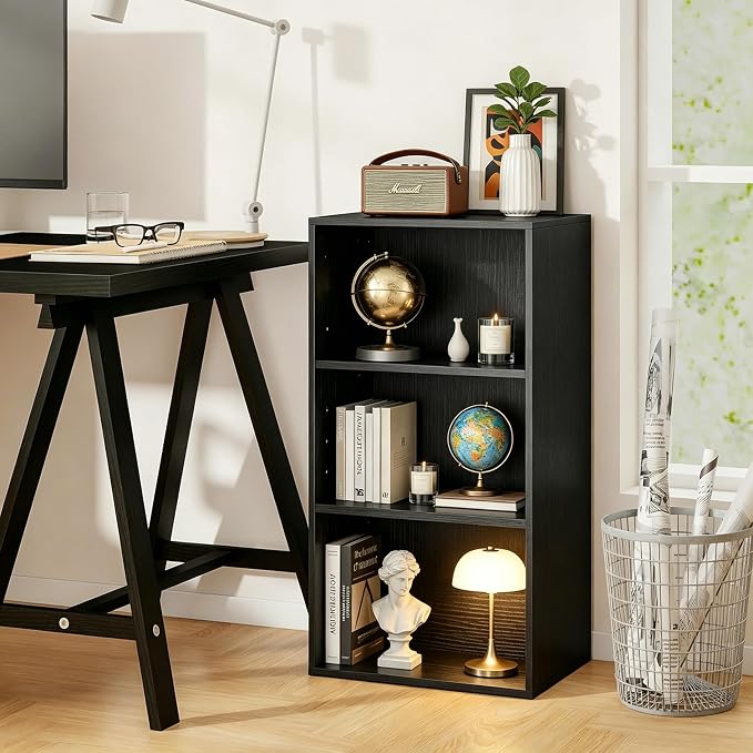 HealSmart 3 Tier Bookcase, Industrial 3 Book Shelf, 9.2" D x 23.8" W x 31.5" H Tall Open Cube Storage Organizer for Home Office, Living Room, Bedroom and Dinning Room, Black