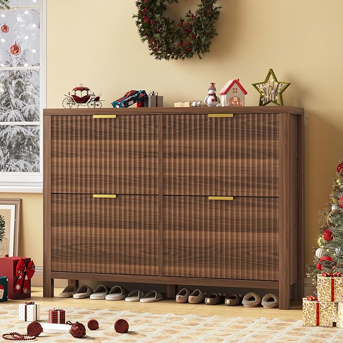 47" Fluted Shoe Cabinet Stoarge with 4 Flip Drawers for Entryway, Hallway | Hidden Shoe Rack Slim Freestanding Shoe Organizer with Legs for Hallway, Living Room, Walnut