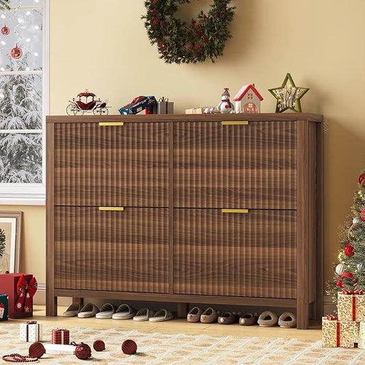 47" Fluted Shoe Cabinet Stoarge with 4 Flip Drawers for Entryway, Hallway | Hidden Shoe Rack Slim Freestanding Shoe Organizer with Legs for Hallway, Living Room, Walnut