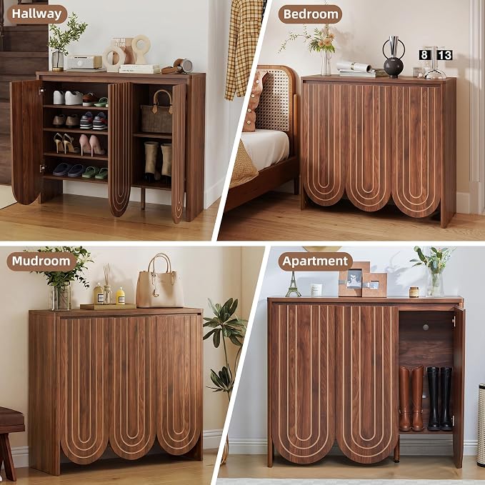 47" Large Shoe Cabinet for Entryway, Shoe Storage Cabinet with Adjustable Shelves, Mid-Century Modern Wooden Shoe Organizer with 3 Arched Doors, Extra Deep Shoe Rack for Sneakers & Boots (Walnut)