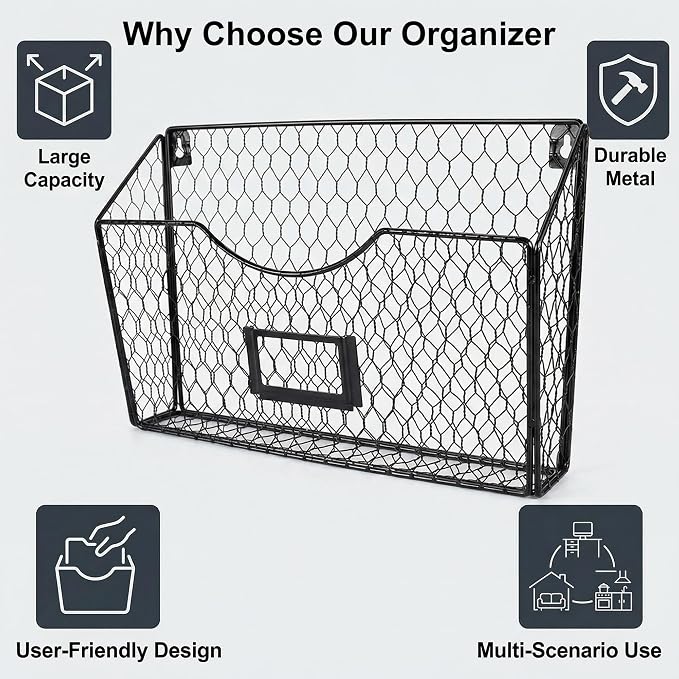 3 Pockets Hanging File Holder Wall Mount Mail Organizer Metal Chicken Wire Magazine Rack with Tag Slot, Black