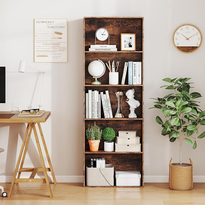 Giantex 5-Tier Bookshelf, Freestanding Bookcase with 5 Open Shelf, Modern Display Shelf, Storage Organizer for Living Room Bedroom Home Office, Rustic Brown