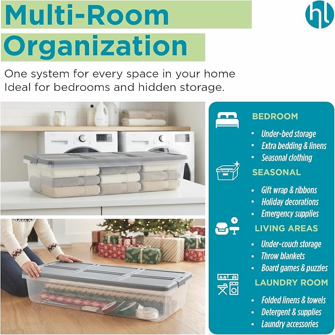 Home Logic 52 Qt Latched Underbed Storage Bin with Lid, Stackable Plastic Storage Container, Organizer for Home & Bedroom, 4 Pack, Gray