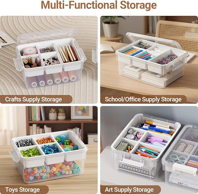 40Qt Stackable Storage Bins with Lids Trays Craft Box Organizers, 2Pack,WH | Clear Plastic Latching Boxes Organizers with Dividers Portable Containers for Arts & Crafts, Home Office Classroom Car Trunk