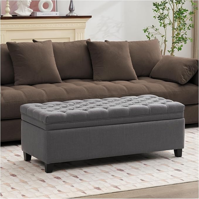 51" Storage Ottoman for Bedroom & Living Room, End of Bed Bench with Black Wooden Legs, Linen Upholstered Tufted Ottoman, Entryway Storage Bench,Dark Grey