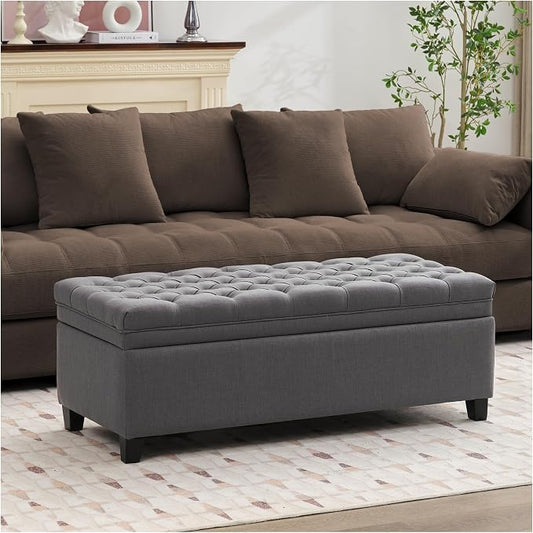 51" Storage Ottoman for Bedroom & Living Room, End of Bed Bench with Black Wooden Legs, Linen Upholstered Tufted Ottoman, Entryway Storage Bench,Dark Grey