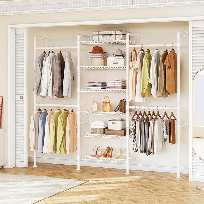 ONBRILL H3 Expandable Wall Mounted Closet System, 5.4FT-8.1FT Closet Organizer with 4 Telescopic Rods & 6 Wire Shelves, Industrial Pipe Clothing Rack for Walk-in & Reach-in Closet (White)