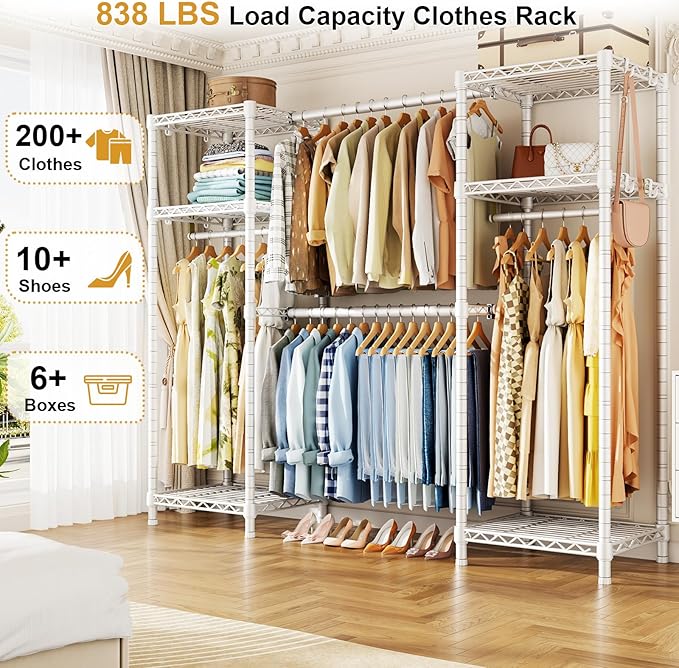 Ulif E7 Heavy Duty Garment Rack, Clothes Organizer and Storage Rack with Expandable Hangers, Metal Clothing Rack with 6 Wire Shelves, (52.3"-72") W x 14.5" D x 71.2" H, Load 838 LBS, White | Freestanding Closet System with 2 Extendable Rods and 6 Shelv...