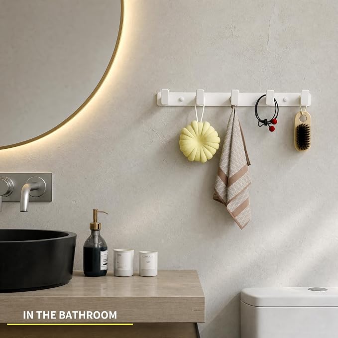 White Wall Mount Coat Rack, 5 Wall Hooks For Hanging Key Holder Hat Hooks | Heavy Duty Door Hooks Coat Hooks Rack Wall Mounted for Entrance Robes, Bags, Keys, and Towels Bathroom Towel Hanger, 1 Pcs