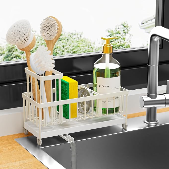Cisily Sponge Holder for Kitchen Sink, Sink Caddy Organizer with High Brush Holder, Kitchen Countertop Organizers and Storage Essentials, Rustproof 304 Stainless Steel (Cream, 9.25″)