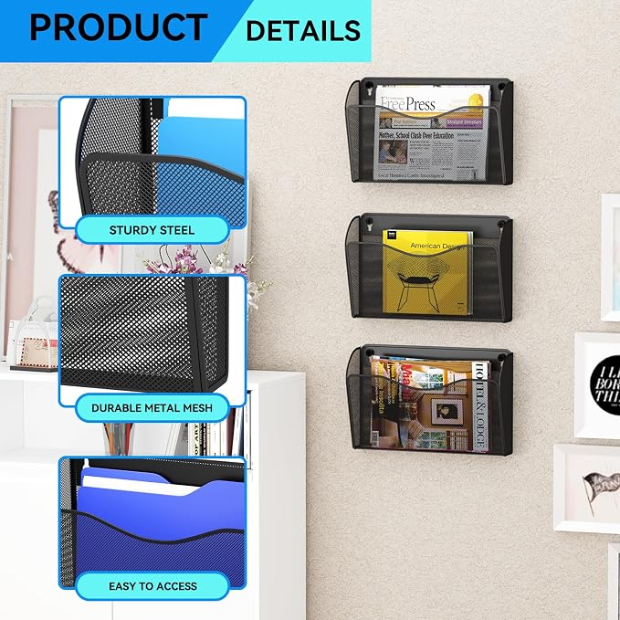 Single Pocket Wall File Holder, Mesh Hanging File Folder Paper Organizer, Vertical Wall Mounted Mail Basket, Storage Organization Magazine Rack for Office, Home and School, Black