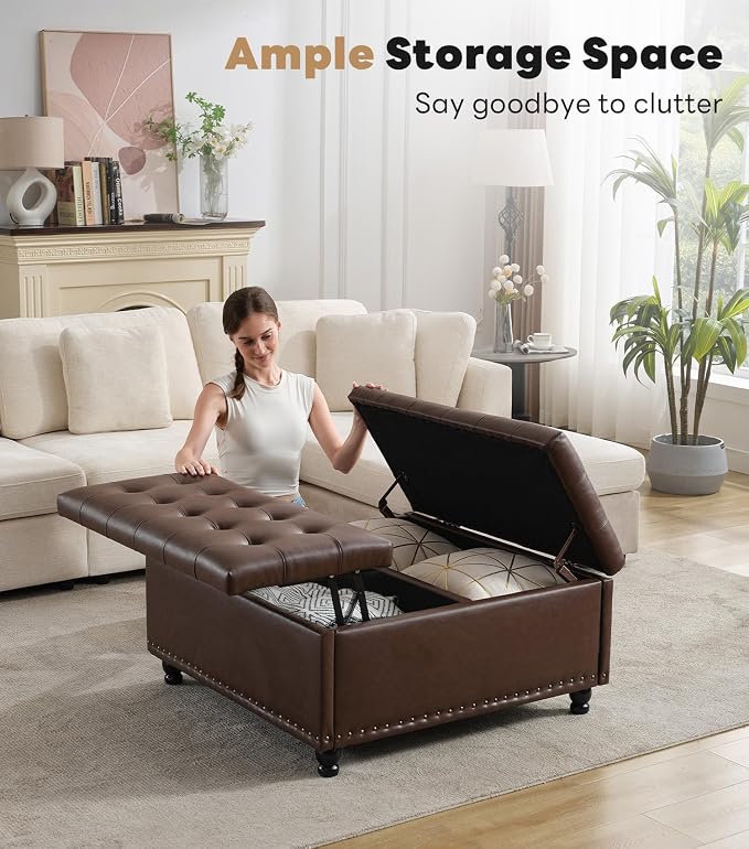 Tbfit Large Square Storage Ottoman Bench, Tufted Upholstered Coffee Table Ottoman with Lift Top & Solid Wood Legs, Oversized Storage Ottomans Toy Box for Living Room (Dark Brown)