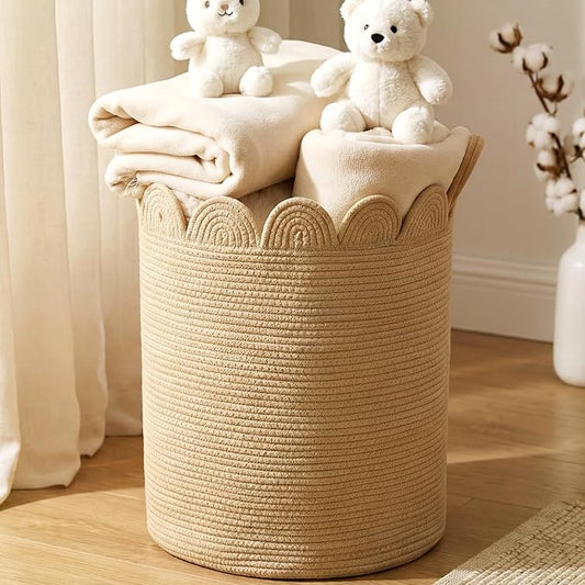 LemonRoad Brown Round Tall Basket Large Blanket Basket 15" x 20" Scalloped Woven Baskets Cotton Storage Baskets for Nursery Classroom Closet Blankets Storage Home Decor