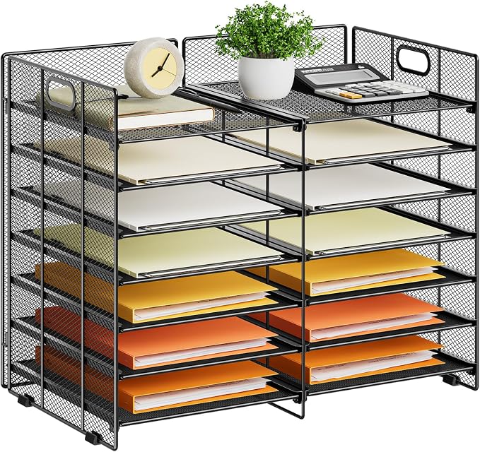 Marbrasse 12 Slots Desktop Literature Organizer, 7-Tier Mesh Paper Organizer for Desk, Adjustable Mail File Sorter Tray with Handle, Desktop Classroom Mailbox Cabinet for Office Home School, Black