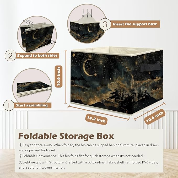Mystical Crescent Moon Star Celestial Storage Box Bins, Moody Starry Night Sky Collapsible Storage Basket Organizer for Bedroom Laundry Room Home Clothes Books, Decor for Room