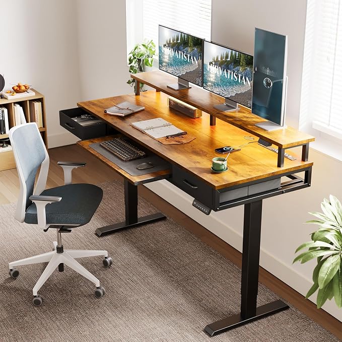 AODK 63 Inch Standing Desk with Drawers & Keyboard Tray, Rustic Brown | 3 Outlets & 2 USB Ports, 20-Mode LED Lights, Monitor Stand, Cable Management Tray, 3 Memory Heights, 29.9"-46.1" in Range