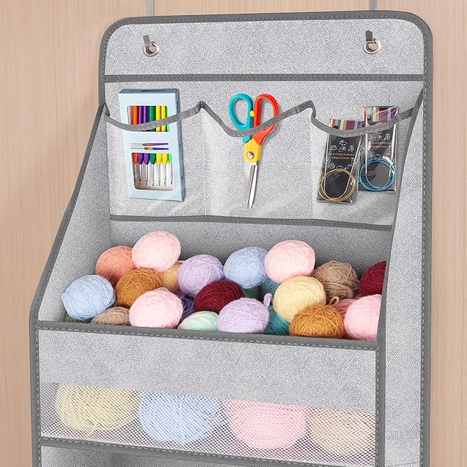 Univivi Over Door Hanging Organizer for Baby Nursery, Grey Pattern, 6-Shelf | Door Storage with Large Capacity Breathable Mesh Pockets, Fabric Over Door Organizer for Baby Essential, Bedroom and Dorm