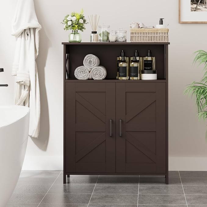 Homhedy Farmhouse Bathroom Storage Cabinet with Doors, Small Floor Cabinet | Toilet Paper Cabinet with Adjustable Shelf, Freestanding Storage Cabinet for Kitchen/Laundry/Living Room, 24"W, Brown