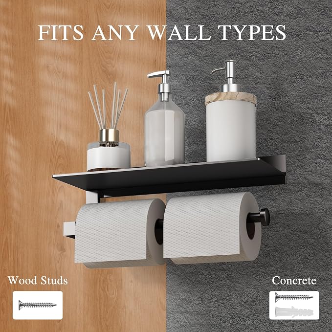 Hand Towel Holder for Bathroom -Paper Towel Holder Wall Mount - for Bathroom Black Paper Towel Holder with Shelf -Kitchen Towel Holder Black