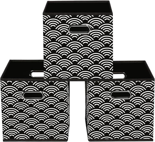 Fabric storage bins Cubes, Fabric Cube Organizer with Handle, Foldable Cube Bins for Cloth or Accessary Storage, 11x11x11, Set of 3, (Black clouds)