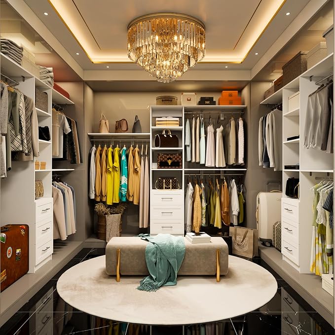 Closet System with Drawers, 5FT-8FT Closet Organizer System with Shelves & Expandable Hanging Rods, Walk in Storage Closet System Wood, White