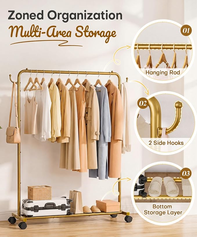 Homde Portable Clothes Rack for Bedroom: 4 Lockable Wheel Move Room-to-Room | Laundry to Closet in 1 Smooth Roll - No Heavy Lifting for Renters & Movers - 88 lbs Hanging Rod for Garment Coat to T-Shirt