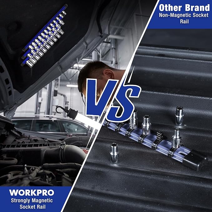WORKPRO Magnetic Socket Organizer, Heavy Duty 1/4-Inch Drive Socket Rail | 1 Piece Socket Holder with 12 Spots, Aluminum Alloy, Rotatable & Movable Clips, Efficient Organization