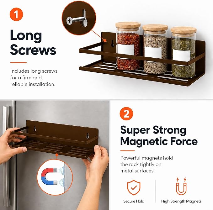 SMRCAD 4 Pack Metal Magnetic Spice Rack for Fridge – Heavy-Duty | Iron Construction, Rust-Resistant, Dust-Resistant, Fits Condiment Bottles, Includes Screws for Optional Wall Mount