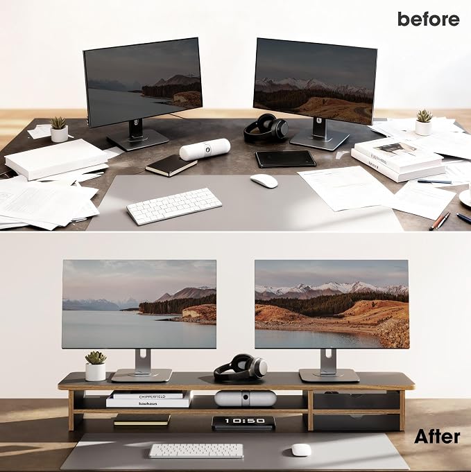 Fenge Monitor Stand, Desk Computer Riser with Frosted Storage Drawer, Black | 42.5 Inch Dual Monitor Riser, 2 Tiers, Cable Management, Desk Shelf for 2 Monitors, Ultrawide Screen, Laptop, TV, Home Office