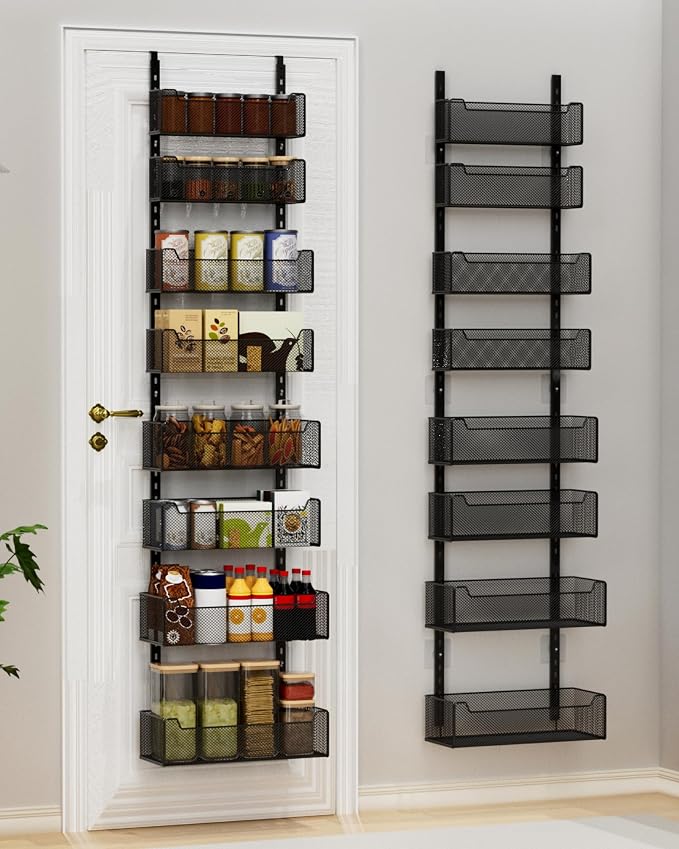 VyGrow Over the Door Organizer, 8-Tier Pantry Organizer with Fully Enclosed Mesh Baskets, Heavy-Duty Metal Hanging Spice Rack for Kitchen Bathroom Laundry Room, 2-in-1 Wall Mount or Door Mount, Black