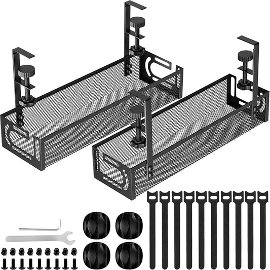 Cable Management, 2 Pack Cable Management Under Desk, Cable Tray | No Drill Under Desk Cable Management Tray, Cord Organizer with Clamp for Standing Desk, Desk Organizer for Home Office