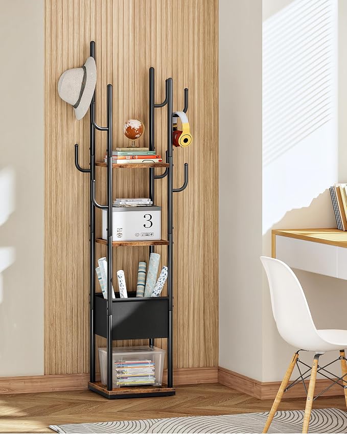 Coat Rack Freestanding, Coat Rack with 3 Shelves, 8 Hooks and 1 Fabric Pouch, Square Coat Hanger Stand, Metal Clothes Tree for Living Room, Bedroom, Entryway, Rustic Brown and Black TYM03BF