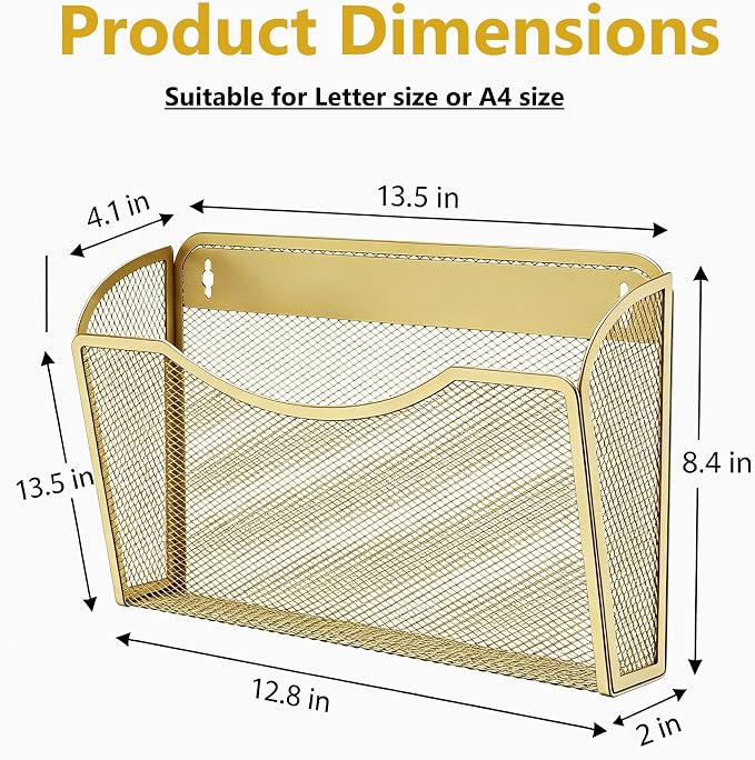 Gawerk Mesh Hanging Wall File Holders, Metal Vertical Wall Basket Mail Organizer for Office/Home (Gold, 6 Pack Wall Mounted)