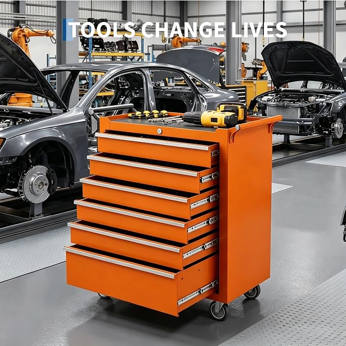 Garvee Rolling Tool Chest, 6 Drawers Tool Storage Cabinet, Toolbox with Wheels, Portable Tool Cabinet Organizer with Locking System & Drawer Liners, Tool Storage Cart for Garage, Workshop, Orange