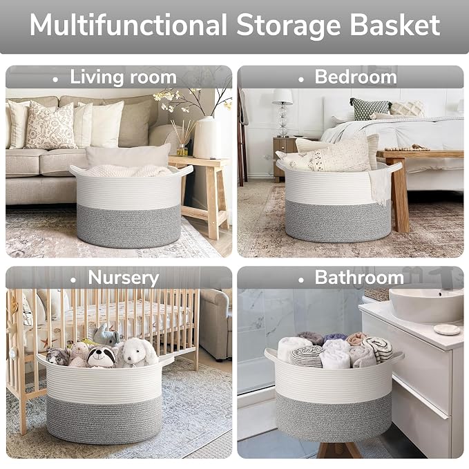 Goodpick Woven Blanket Basket Living Room, Toy Bin for Playroom, 65L | 19.7 x 19.7 x 12.6 In Toy Storage Basket for Nursery, Blanket Basket for Living room, Laundry Basket, Light & Grey