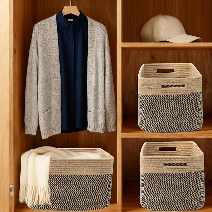 3 Pack Woven Baskets,Storage Baskets for Shelves with Handles | 13.5"×11"×9.5", Closet Baskets, Nursery Organizer for Toys Towels Books, Storage Bin for Living Room Bedroom (Jute & Black)