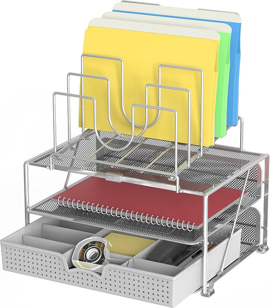 Deco Brothers Desktop File Organizer with Double Tray & 5 Folder Stand Gray | Sliding Drawer with Adjustable Dividers