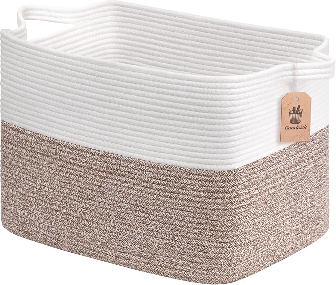 Goodpick 50L Large Woven Basket with Handles, 18" x 14" x 12", Brown | Blankets, Toys & Clothes Storage, Living Room & Bedroom Organization, Decorative Storage Basket, Stylish Rectangle Design