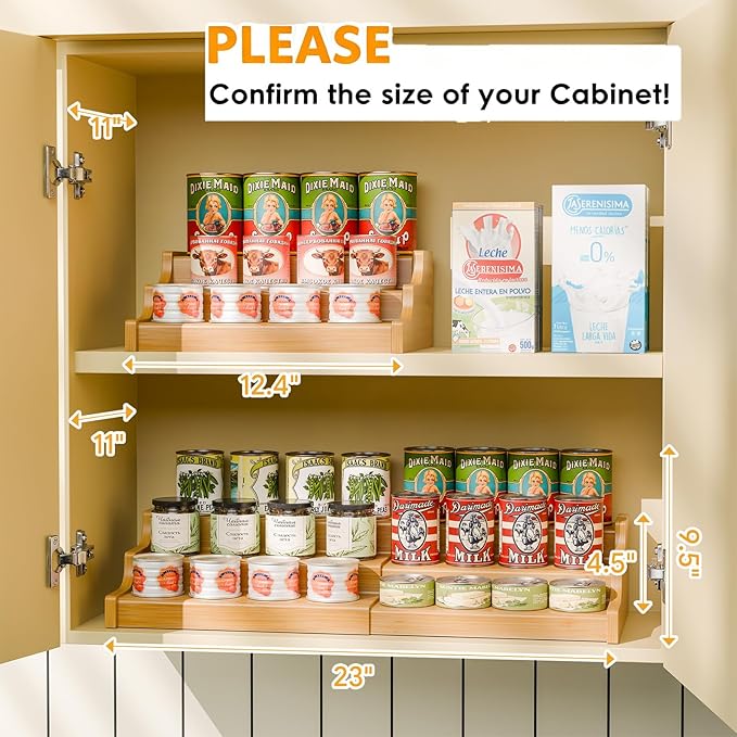 Simple Trending Expandable Bamboo Can Rack Organizer for Pantry, 3-Tier Adjustable Can Storage Holder Holds Up to 24 Cans, Canned Goods Storage Display for Cabinet, Countertop