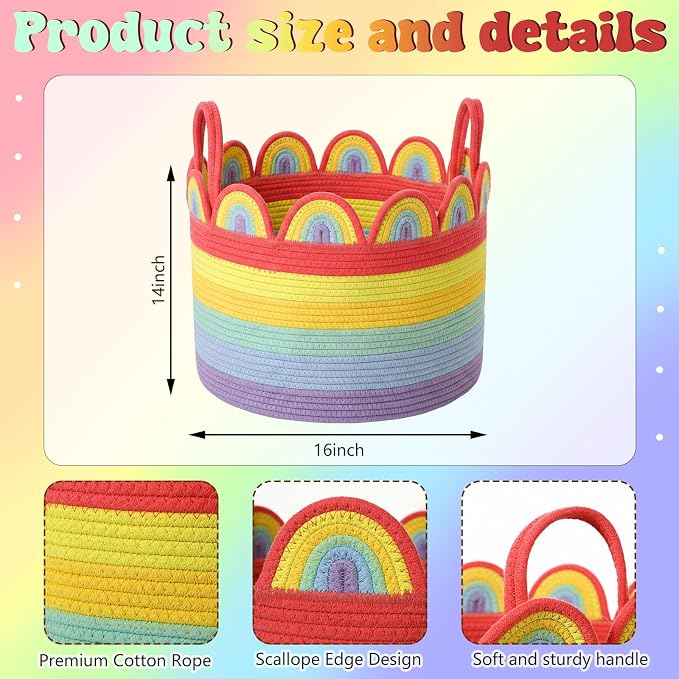 LemonRoad Bright Rainbow Round Basket Large Blanket Basket 16" X 14" Scalloped Woven Baskets Cotton Storage Baskets for Nursery Classroom Closet Blankets Storage Home Decor