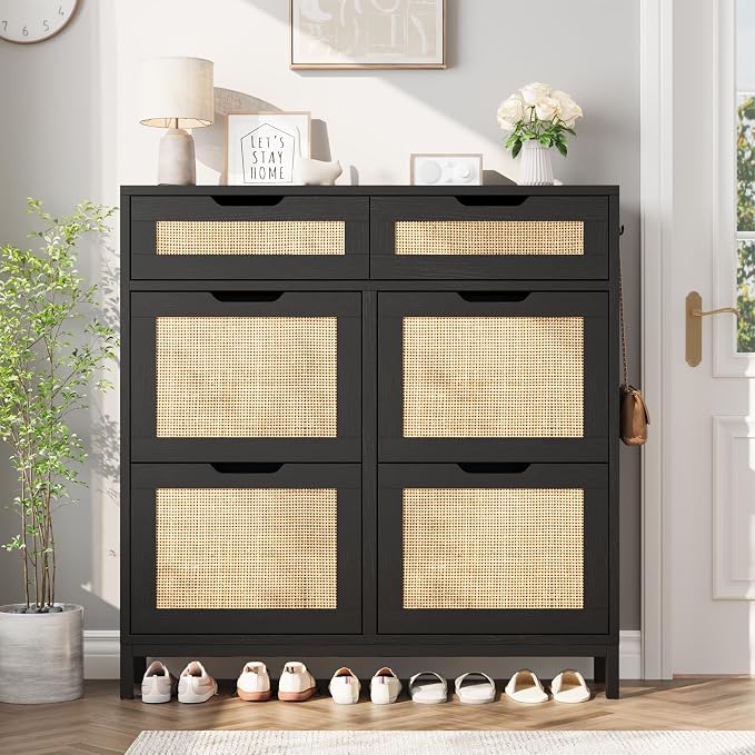 Jocoevol Rattan Shoe Cabinet for Entryway, Boho Shoe Storage Cabinet with 4 Flip Drawers and 2 Drawers, Narrow Freestanding Shoe Rack with Metal Legs for Entryway/Hallway/Foyer (Black)