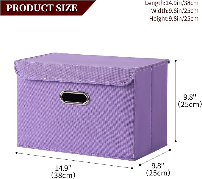 STOREONE Fabric Storage Cube Bins Foldable Organizer Container Collapsible Basket with Lids and Metal Handles, for Home, Bedroom, Closet 3 Pcs (multicolour-purple)