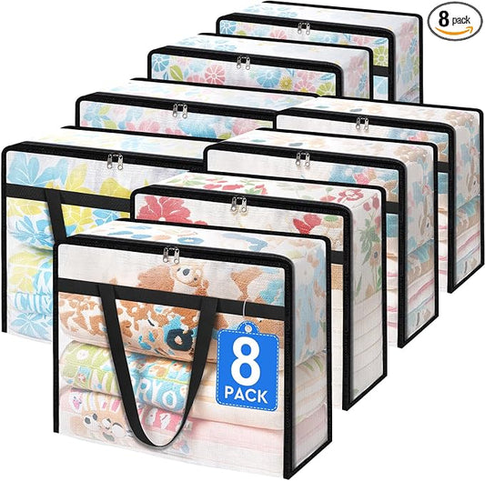 TasticTotes 8 Pack Clear Storage Bags for Comforter, Clothes & Bedding, 40L | Plastic Blanket Storage with Zipper & Handle, Foldable Moving Bags, Closet Organizer and Under-Bed Storage Containers