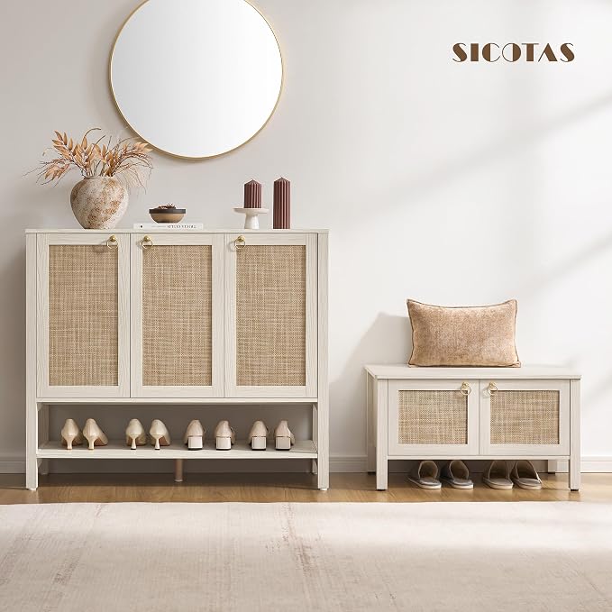 SICOTAS Rattan Shoe Cabinet with Storage, White Large Shoe Organizer | 30 Pairs Boho Shoe Rack Cabinet with 3 Doors & Adjustable Shelves for Entryway, Hallway, Living Room, Closet (2 Pieces)