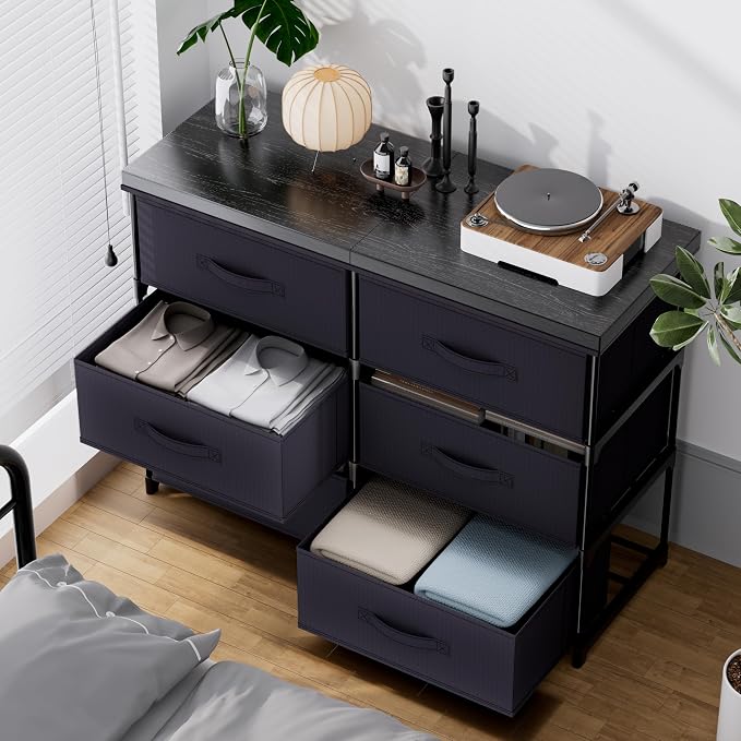 GcdPai Dresser with 6 Fabric Drawer(16cm Height) Leather Desktop Sturdy Metal Plastic Support Tube Cube Storage Cabinet for Bedroom Organization Dorm Front Hall Entryway