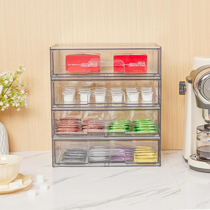 Vtopmart Clear Stackable Storage Drawers, 4 Pack Wide Plastic Organizers | Clear Pull-Out Plastic Drawers, Stackable Design for Makeup Palettes, Cosmetics, Beauty Supplies, Vanity, Cabinet and Desk