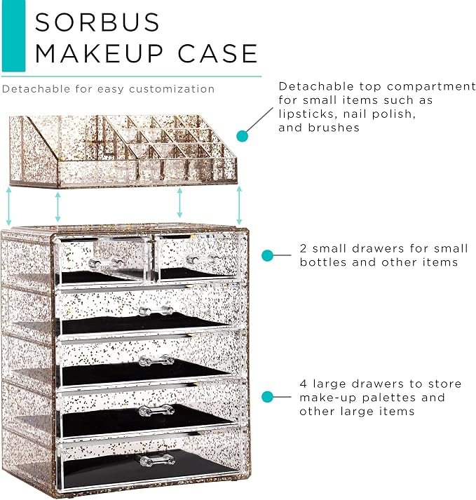 Sorbus Acrylic Makeup Organizer Set, 6-Drawer Vanity & Countertop Cosmetic Storage with Small & Wide Compartments, Glitter Makeup Storage for Brushes, Jewelry – Holiday Gift for Women & Teens