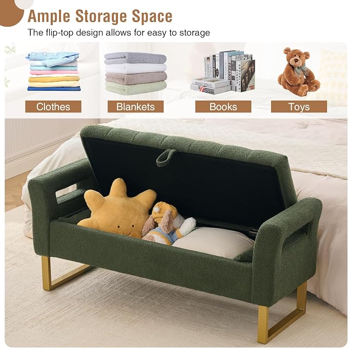 52" Storage Bench for Bedroom Upholstered End of Bed Bench Queen Size Green | Bedroom Benches for Foot of Bed Queen with Gold Legs,2 Pillows,Teddy Storage Ottoman Bench for Bedroom,Entryway,Cloakroom