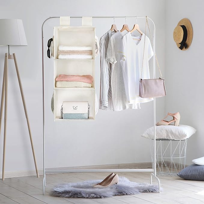 MAX Houser 3-Shelf Hanging Closet Organizer with 2 Velcro, Beige | Hanging Sweater Organizer, Foldable Hanging Shelves for Closet